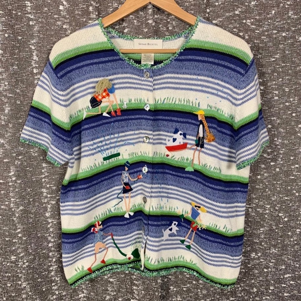 Susan Bristol Womens Short Sleeve Garden Embroidered Cardigan Blue Size M